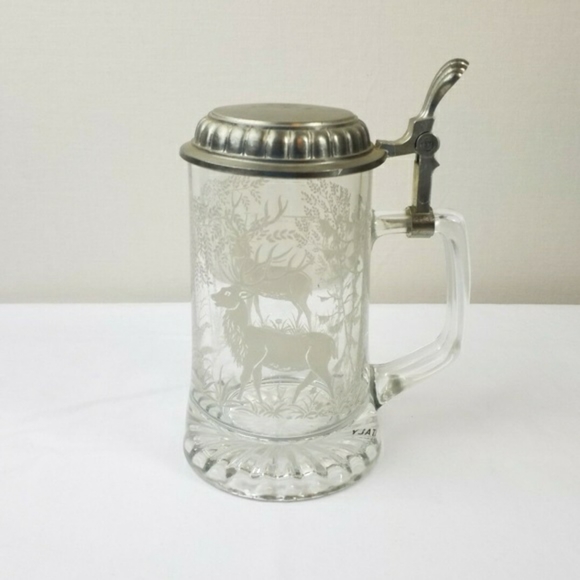 ALWE Other - ALWE Vintage Glass Etched Wild Deer Beer Stein Mug Tankard w/Pewter Lid Italy